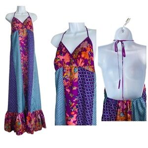 Jenny Han Silk Mix Print Halter Maxi Dress Size L